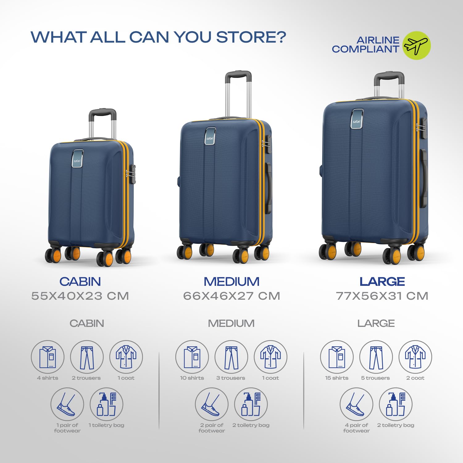 Safari Thorium Neo 8 Wheels 55,66 and 77 Cm Small,Medium and Large 4 Wheel Inline 3 Trolley Bags Polycarbonate 360 Degree Wheeling System Luggage,4 Wheel Inline Trolley Bags,Graphite Blue - View 2