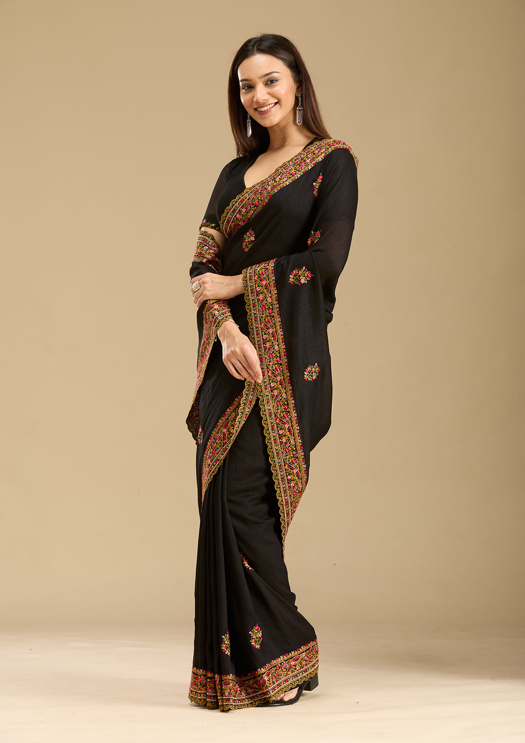 Black Kashmiri Soft Raw Silk Saree - Image 7