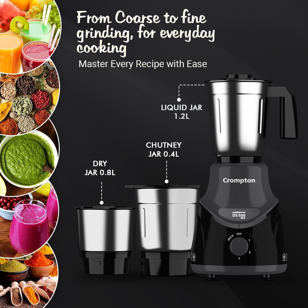 Crompton DS 500 BLK 500-Watt Mixer Grinder with Powertron Motor &amp; Motor Vent-X Technology (3 Stainless Steel Jars, Black &amp; Grey) - View 5