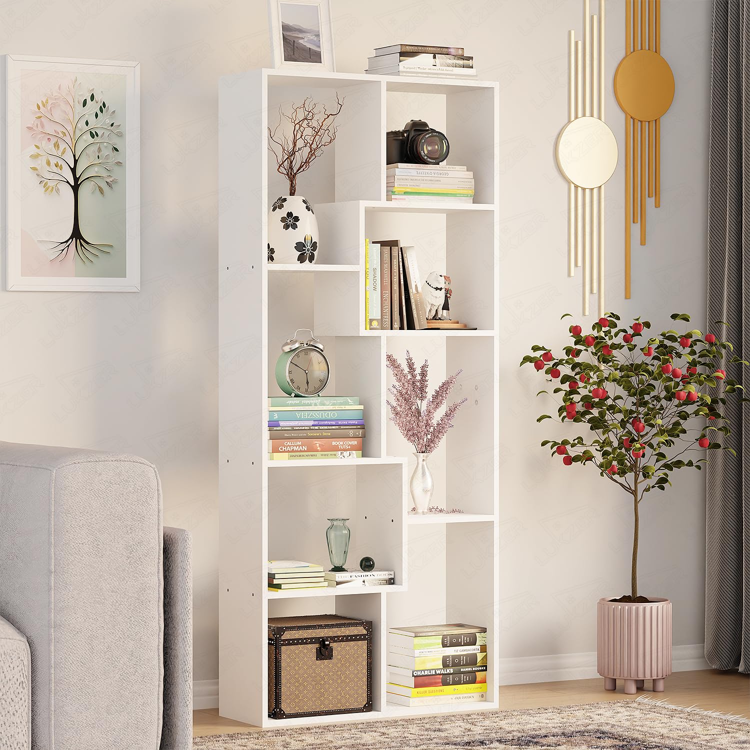 Lukzer 8 Shelves Modern Simple Engineered Wood Book Shelf with Storage Display Rack Open Bookcase Showcase Stand (MR-004/White/164 x 24 x 70 cm) DIY (Do It Yourself)