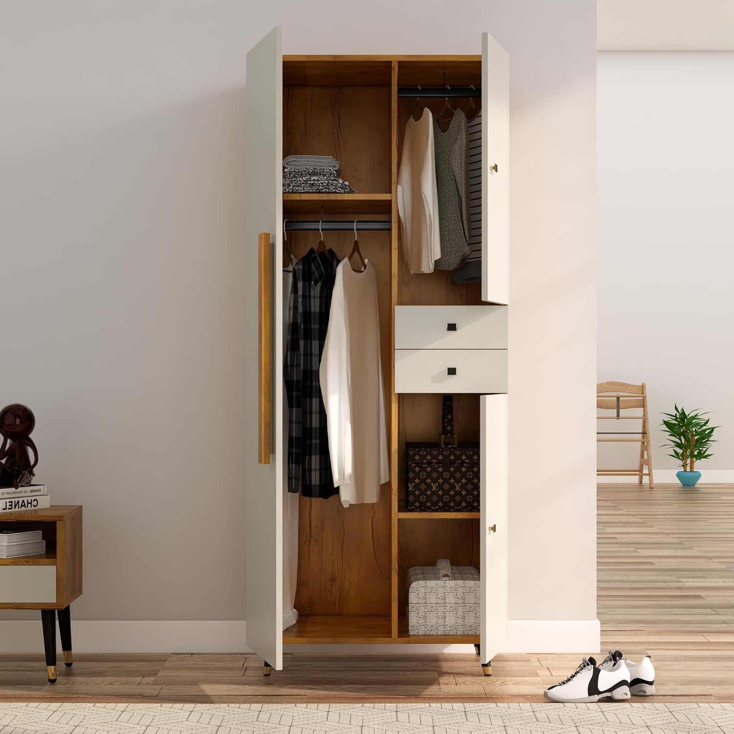 Bniture Wooden Almirah for Clothes, Door for Bedroom, 2 Door Wardrobe with Drawer &amp; Hanging Space (45D x 75W x 180H CM) | 3 Year Warranty (Giant Wood &amp; Frosty White) - View 2