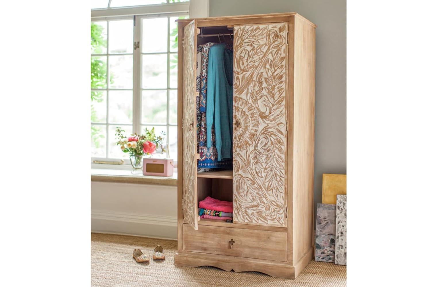 The Attic Jodhpur Carving Wardrobe|Solid Wood Multiple Utility Storage| Clothes Organizer|Wardrobe for Clothes Wooden, almirah for Clothes Wooden|Natural + White Matte Finish - View 2